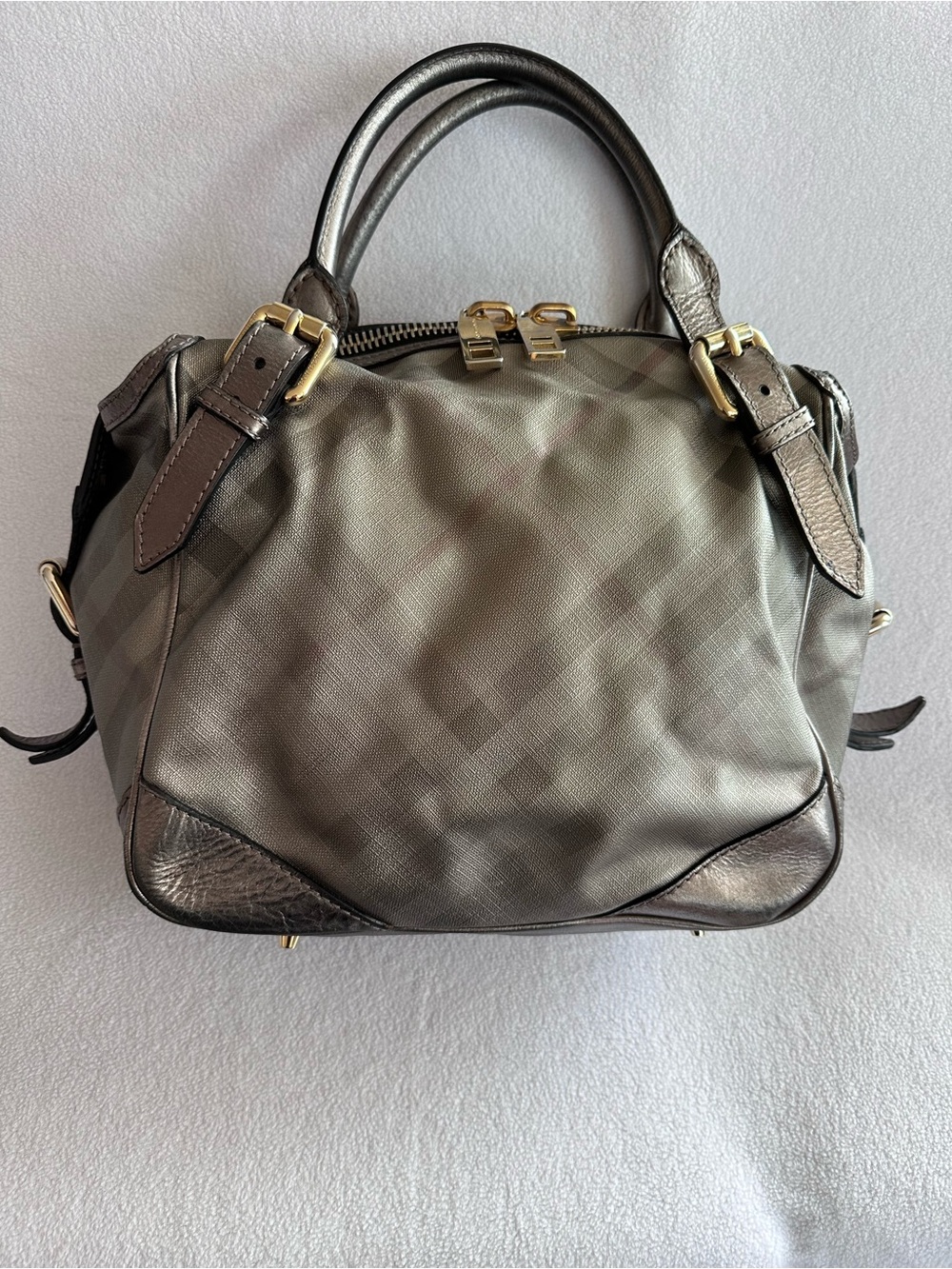 Burberry Metallic Gray Nova Check Satchel